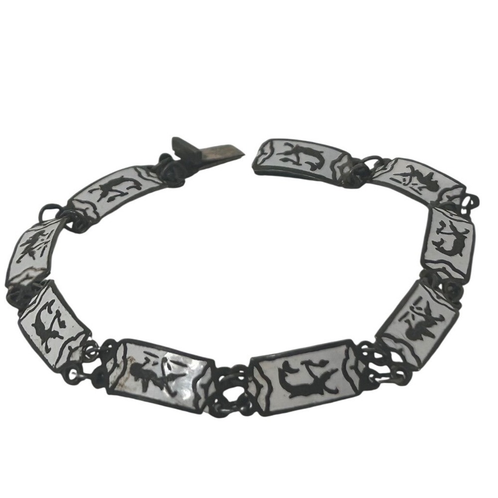 Vintage Siam Sterling Silver Niello Enamel Goddess Link Bracelet 7 Inch 0.254oz